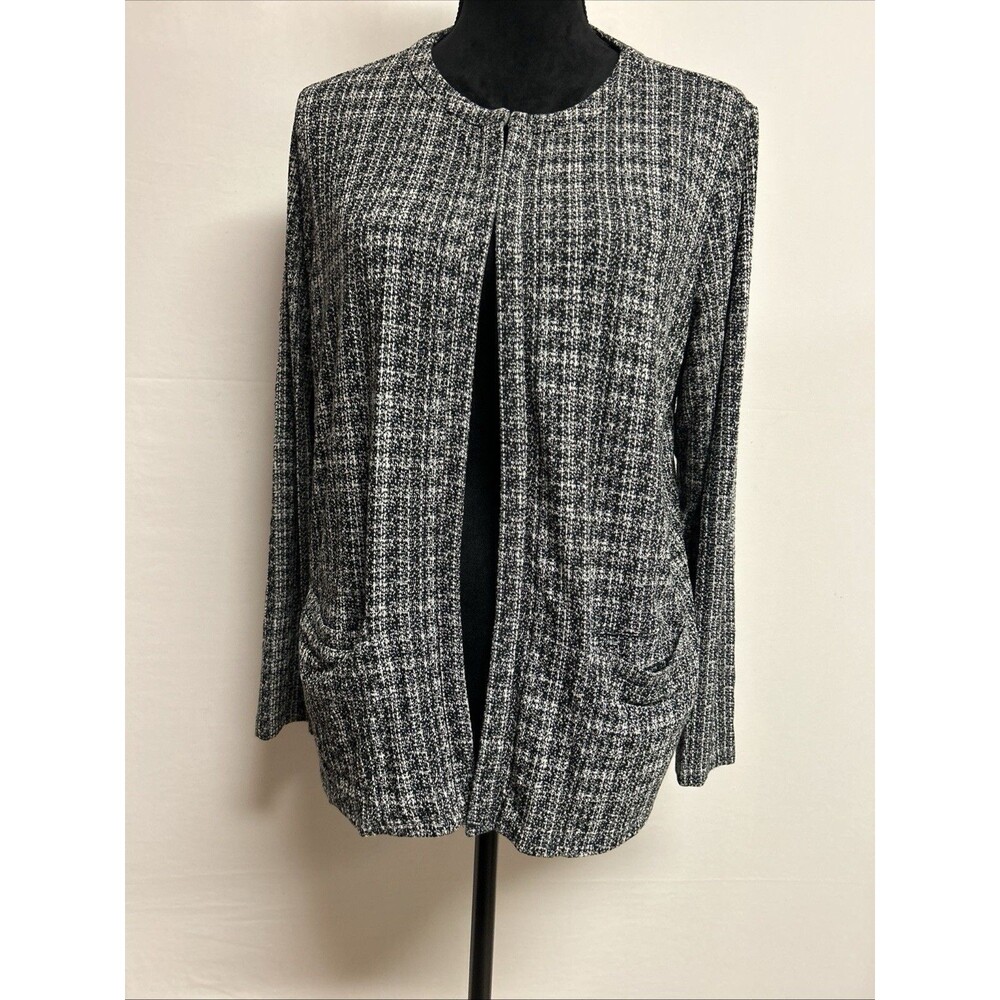 J Jill Wearever Womens Sz M Black White Tweed Knit Cardigan Jacket Hook Eye